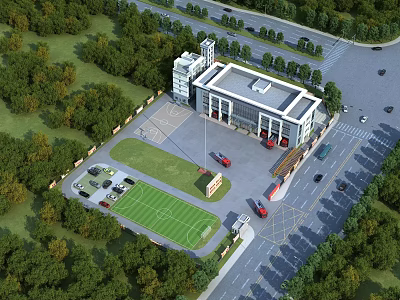Modern Fire Station Surrounded by Trees Roads With Training Field and Emergency Vehicles 3d model
