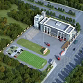 Modern Fire Station Surrounded by Trees Roads With Training Field and Emergency Vehicles