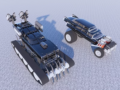 Unique Tracked Vehicle And Streamlined Race Car With Large Wheels And Mechanical Parts 3d model
