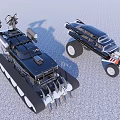 Unique Tracked Vehicle And Streamlined Race Car With Large Wheels And Mechanical Parts