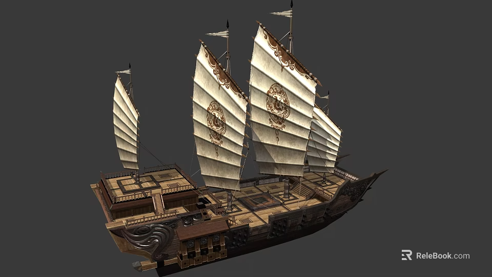 Ancient Style Wooden Ship With Multiple White Sails And Ornate Carvings 3d model 