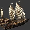 Ancient Style Wooden Ship With Multiple White Sails And Ornate Carvings