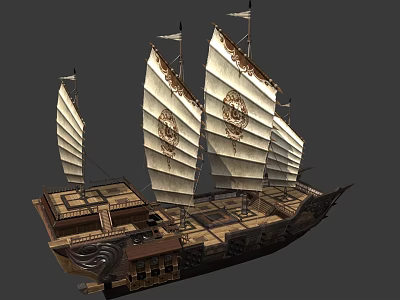 Ancient Style Wooden Ship With Multiple White Sails And Ornate Carvings 3d model