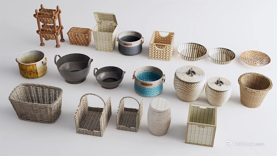 Various Storage Baskets in Assorted Materials and Styles for Home Organizing 3d model