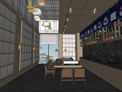 Japanese Restaurant Interior Design With Hanging Lanterns Bar Counter And Wooden Tables 3d model