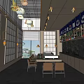 Japanese Restaurant Interior Design With Hanging Lanterns Bar Counter And Wooden Tables