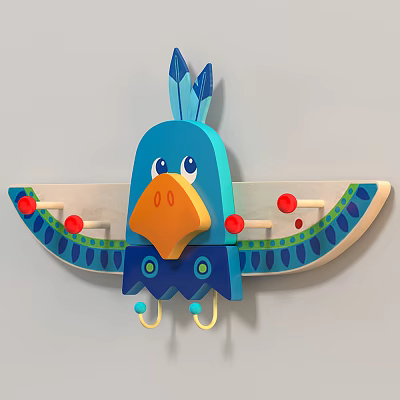 Blue Bird Shaped Wall Hook With Decorative Wings Red Accents And Yellow Hangers 3d model