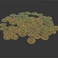 Shiny Exquisite Gold Coin Sculpture Carving Pieces Stacked On Dark Surface