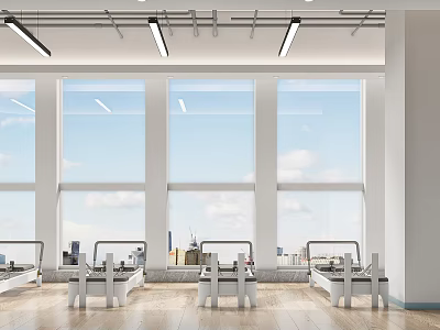 Modern Spacious Bright Fitness Room With White Equipment Large Windows City View And Wooden Floors 3d model