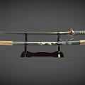 Traditional Samurai Sword With Decorative Scabbard And Gold Accents On Wooden Stand