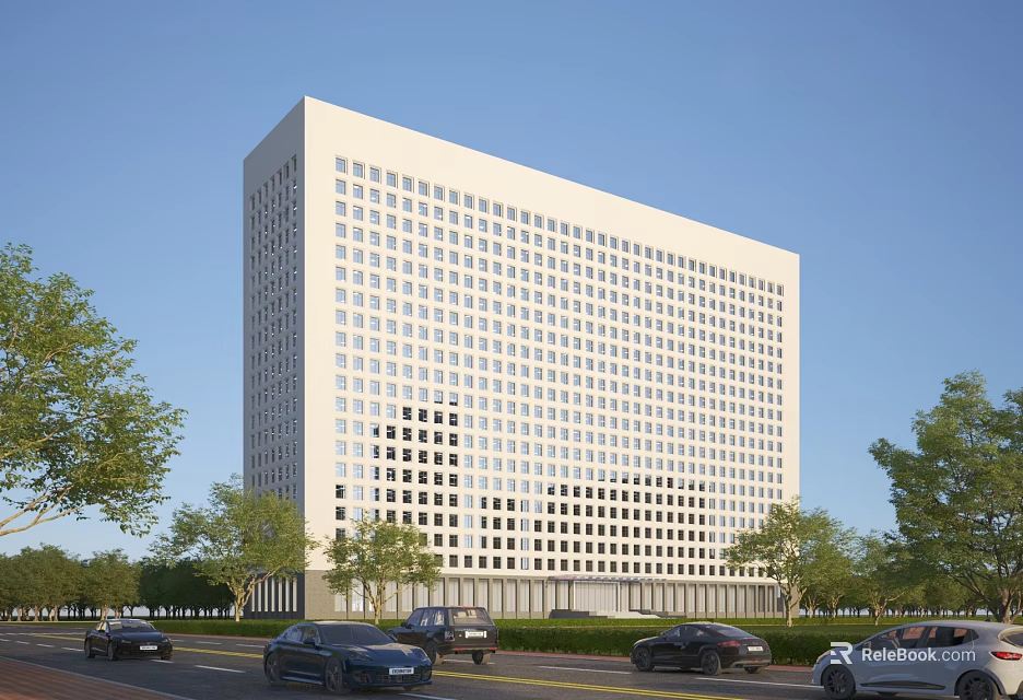 Modern Office Building With White Exterior Glass Windows And Trees Along Road With Cars 3d model 