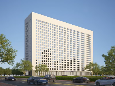 Modern Office Building With White Exterior Glass Windows And Trees Along Road With Cars 3d model