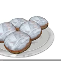 Four Fresh Golden Brown Donuts With Powdered Sugar On White Plate