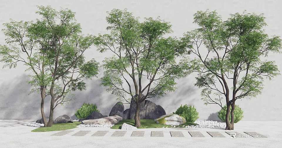 Lush Deciduous Trees with Grey Wall Background Stone Path Rocks Shrubs and Gravel 3d model 