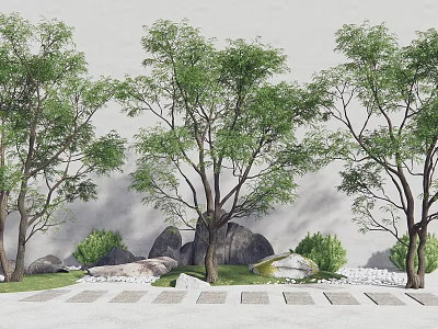 Lush Deciduous Trees with Grey Wall Background Stone Path Rocks Shrubs and Gravel 3d model