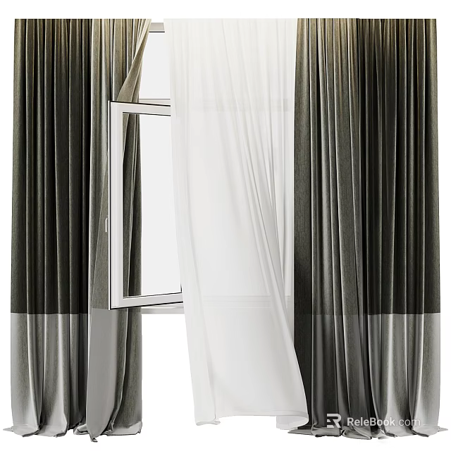 Double Layer Window Curtains With Sheer And Thick Panels Dark Light Colors And Metal Frame 3d model 
