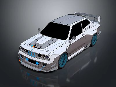 Gray And White Modified Racing Car With Wide Body Kit Rear Spoiler Blue Wheels 3d model