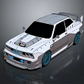 Gray And White Modified Racing Car With Wide Body Kit Rear Spoiler Blue Wheels