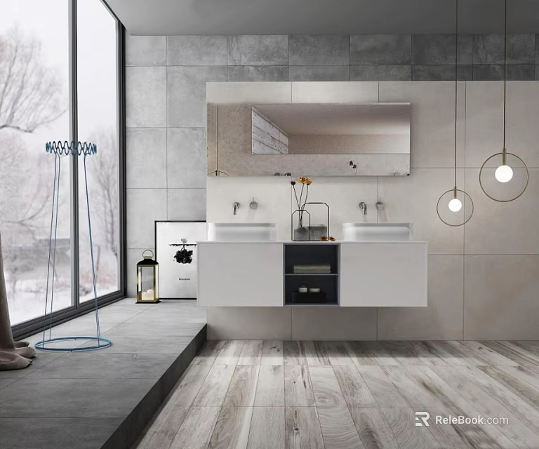 Modern Wall Mounted Bathroom Vanity With Double Sinks Mirror And Pendant Lights 3d model 