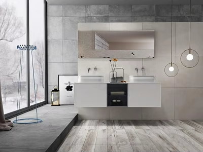Modern Wall Mounted Bathroom Vanity With Double Sinks Mirror And Pendant Lights 3d model