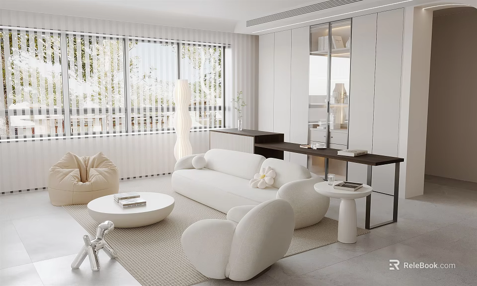 Modern Living Room Interior With White Sofa Round Coffee Table And Bean Bag Chair 3d model 