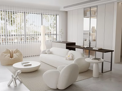 Modern Living Room Interior With White Sofa Round Coffee Table And Bean Bag Chair 3d model