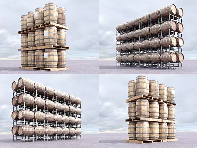 Sturdy Metal Display Shelves With Multi Level Racks For Wooden Barrels Storage 3d model