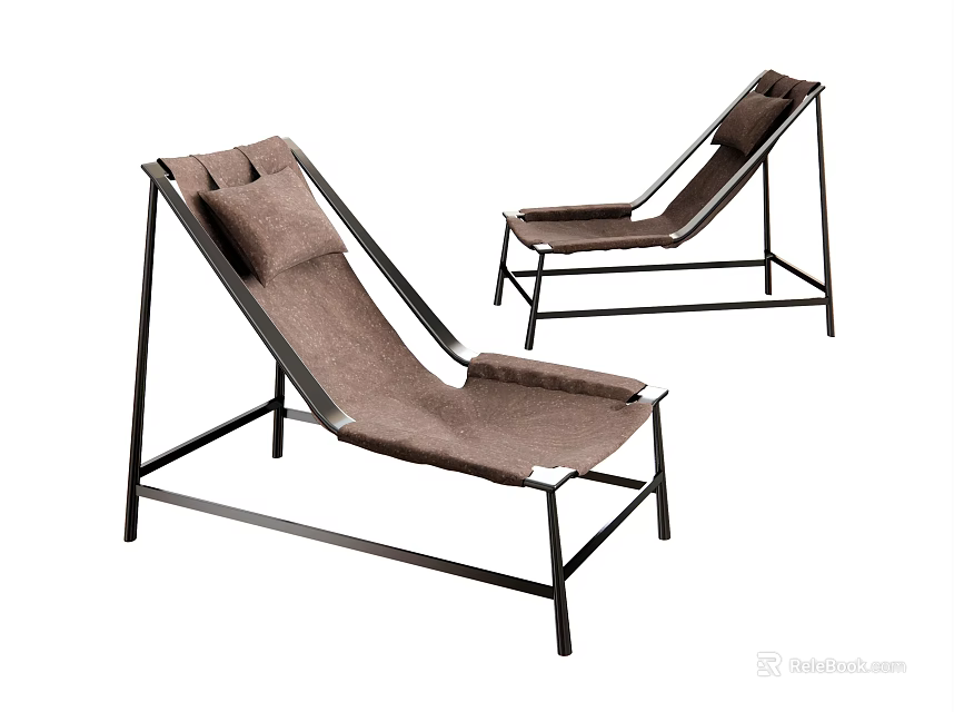 Two Modern Lounge Chairs With Black Metal Frame And Brown Cushion 3d model 