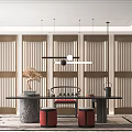 New Chinese Tea Room Interior Design With Wooden Lattice Tea Table And Pendant Lights