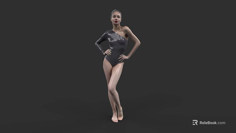 Woman In Black One Shoulder Bodysuit Standing With Hands On Hips Against Black Background 3d model 