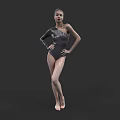 Woman In Black One Shoulder Bodysuit Standing With Hands On Hips Against Black Background