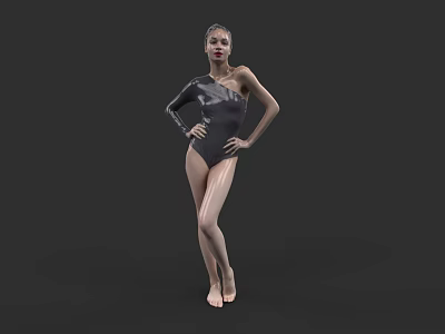 Woman In Black One Shoulder Bodysuit Standing With Hands On Hips Against Black Background 3d model
