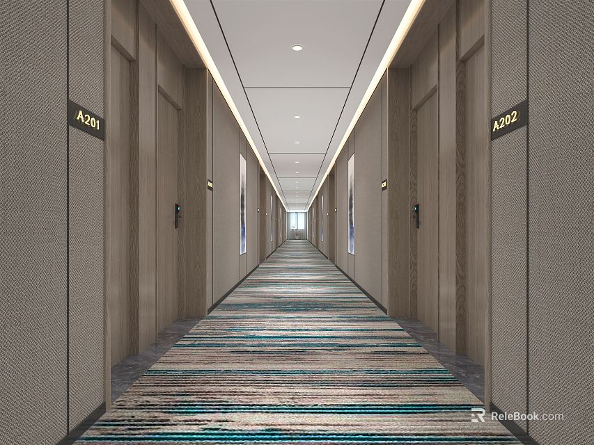 Modern Hotel Corridor With Side Doors Colorful Striped Carpet And Ceiling Lighting Interior Design 3d model 