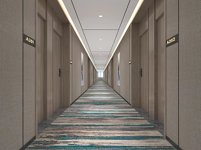 Modern Hotel Corridor With Side Doors Colorful Striped Carpet And Ceiling Lighting Interior Design 3d model