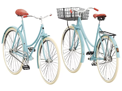 Light Blue Bicycles With Red Seats Front Basket And Rear Rack 3d model