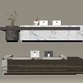 Modern Front Desk Reception Area With Marble Countertop Receptionist Computers And Potted Plant