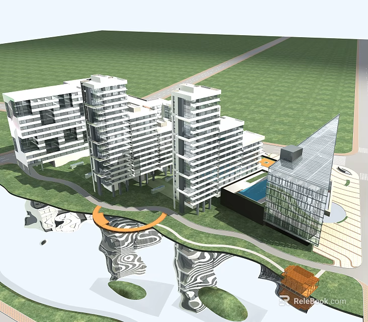 Modern Multiple Office Buildings With Contemporary Design Green Landscape And Water Reflection 3d model 