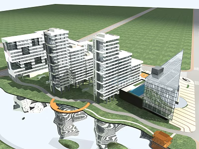Modern Multiple Office Buildings With Contemporary Design Green Landscape And Water Reflection 3d model