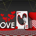 Love Themed Decorative Scene With Red Hearts 3D LOVE Letters And Checkerboard Floor