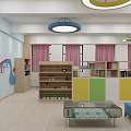Practical Shoe Bench In Kids Activity Center With Colorful Pendant Lights And Bookshelves