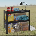 Black Metal Multi Tiered Shelf With Red White Cans Blue Rolls Yellow Basket Wooden Boxes