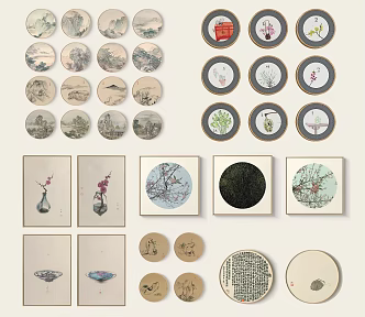 New Chinese Style Round Frame Painting Hanging Painting 3d model