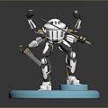 Detailed 3D Robot Character With Multiple Limbs Holding Sword On Blue Base