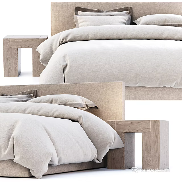 Modern Double Bed Design With Wooden Headboard And Light Colored Bedding 3d model 