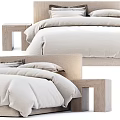 Modern Double Bed Design With Wooden Headboard And Light Colored Bedding