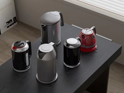 Modern Kitchen Appliances Featuring Colorful Kettles Placed on Black Table Top 3d model