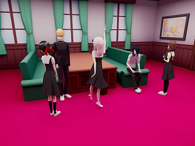 Group of Uniformed Characters in Room with Green Sofas Red Carpet and Wall Painting 3d model