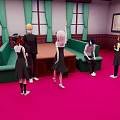 Group of Uniformed Characters in Room with Green Sofas Red Carpet and Wall Painting
