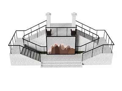Staircase with Black Railings and White Steps on Platform Near Mountain Landscape 3d model