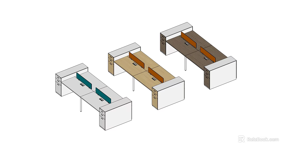 Different Colored Modern Office Work Desks With Partition Panels And Storage Drawers 3d model 